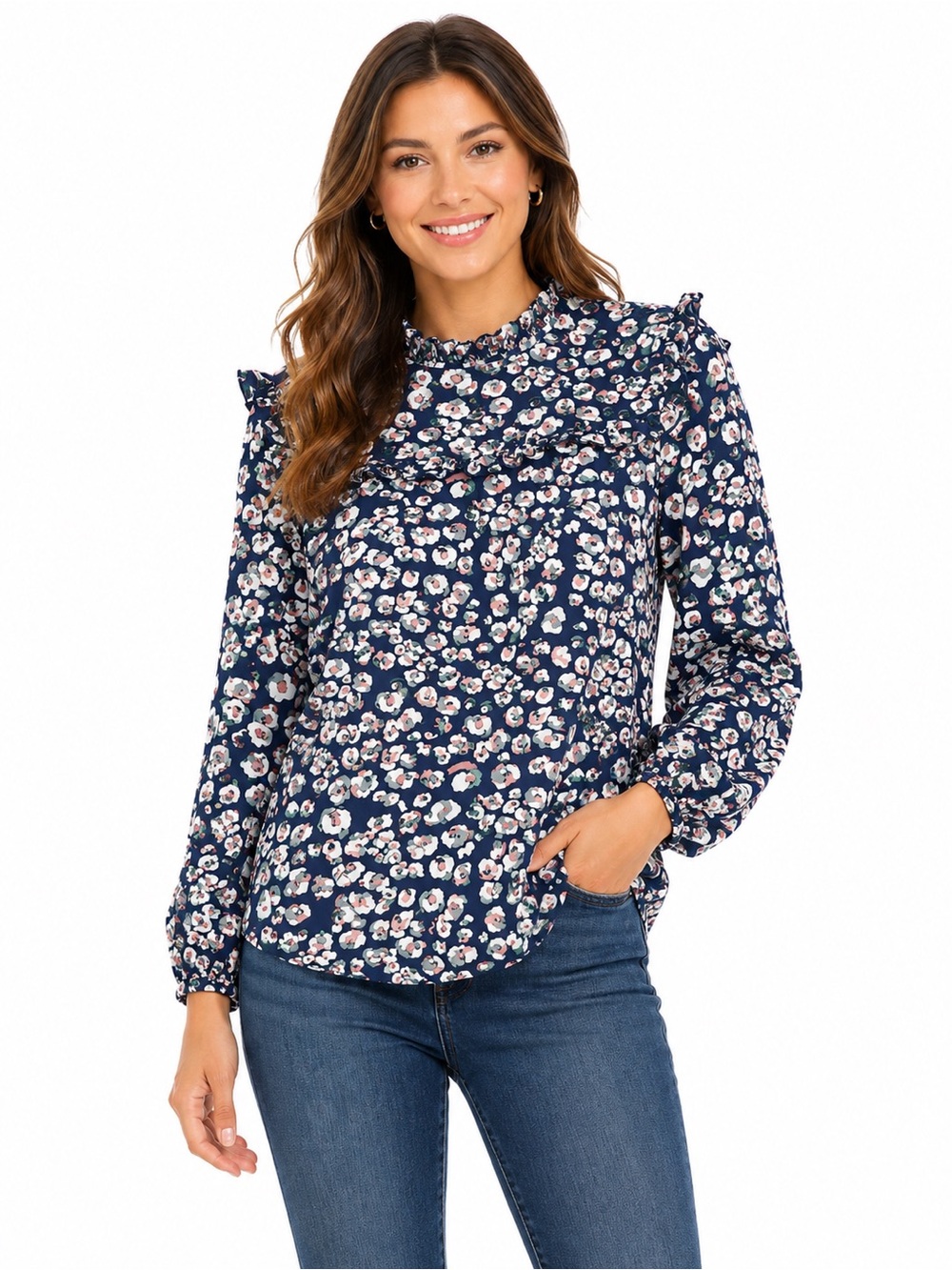 Michelle McDowell Size Medium Navy Floral Long Sleeve Blouse